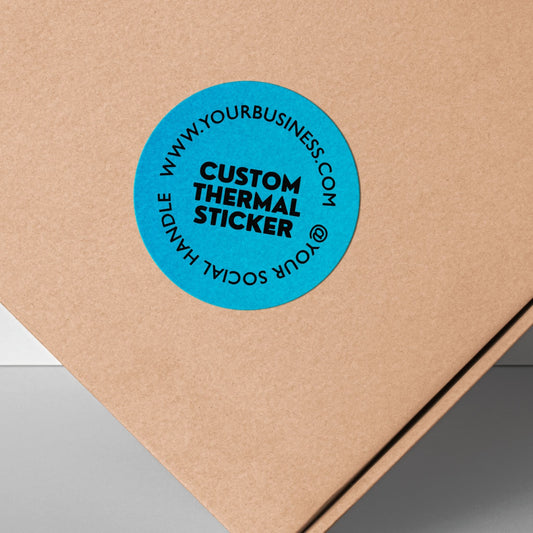 Stand out with a pop of Teal Blue! This personalized, 2-inch custom thermal label displays your logo and text in crisp black, offering vibrant style without using ink. Affordable & ideal for small businesses, it adds personality to your branding, packaging, or everyday items.