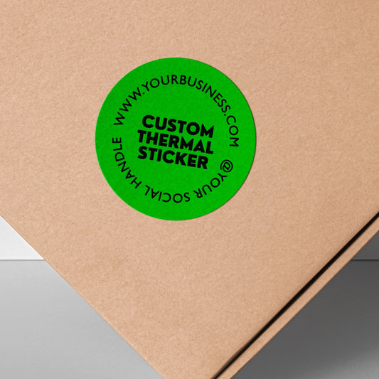 Stand out with a pop of Kelly Green! This personalized, 2-inch custom thermal label displays your logo and text in crisp black, offering vibrant style without using ink. Affordable & ideal for small businesses, it adds personality to your branding, packaging, or everyday items.