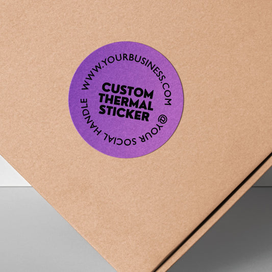Stand out with a pop of Plum Purple! This personalized, 2-inch custom thermal label displays your logo and text in crisp black, offering vibrant style without using ink. Affordable & ideal for small businesses, it adds personality to your branding, packaging, or everyday items.