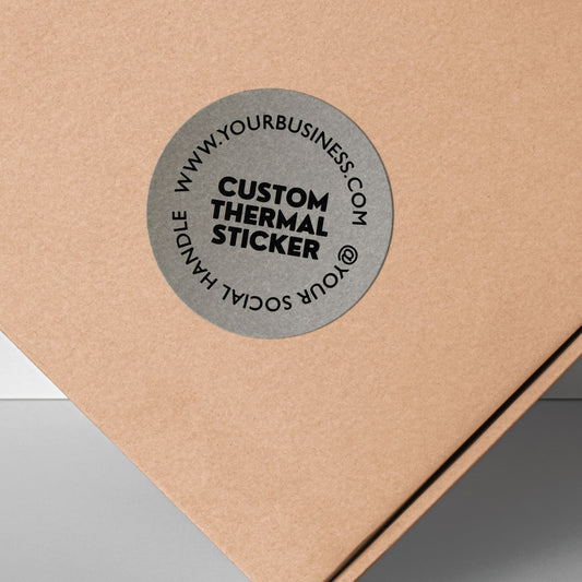 Stand out with a pop of Ash Gray! This personalized, 2-inch custom thermal label displays your logo and text in crisp black, offering vibrant style without using ink. Affordable & ideal for small businesses, it adds personality to your branding, packaging, or everyday items.