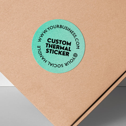 Stand out with a pop of Mint Green! This personalized, 2-inch custom thermal label displays your logo and text in crisp black, offering vibrant style without using ink. Affordable & ideal for small businesses, it adds personality to your branding, packaging, or everyday items.