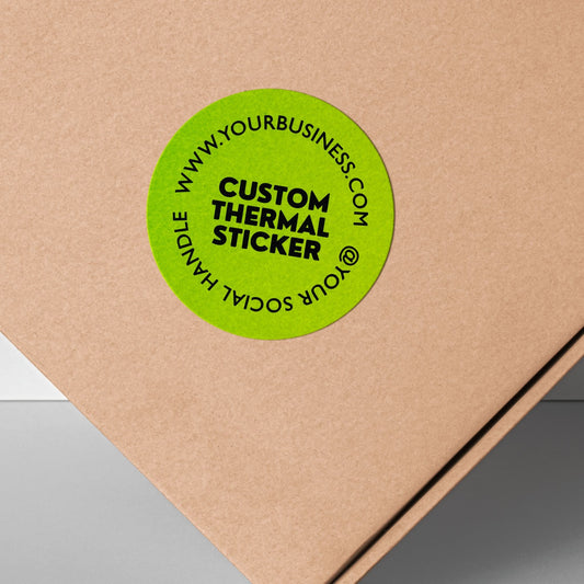 Stand out with a pop of Lime Green! This personalized, 2-inch custom thermal label displays your logo and text in crisp black, offering vibrant style without using ink. Affordable & ideal for small businesses, it adds personality to your branding, packaging, or everyday items.