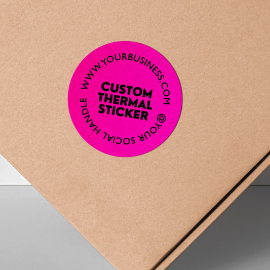 Stand out with a pop of Hot Pink! This personalized, 2-inch custom thermal label displays your logo and text in crisp black, offering vibrant style without using ink. Affordable & ideal for small businesses, it adds personality to your branding, packaging, or everyday items.