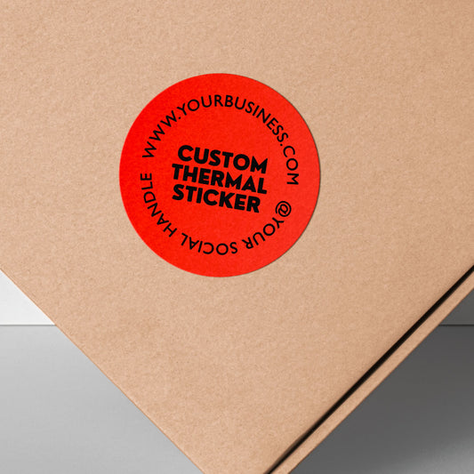 Stand out with a pop of Crimson Red! This personalized, 2-inch custom thermal label displays your logo and text in crisp black, offering vibrant style without using ink. Affordable & ideal for small businesses, it adds personality to your branding, packaging, or everyday items.