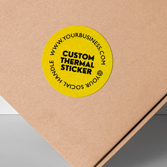 Stand out with a pop of Lemon Yellow! This personalized, 2-inch custom thermal label displays your logo and text in crisp black, offering vibrant style without using ink. Affordable & ideal for small businesses, it adds personality to your branding, packaging, or everyday items.