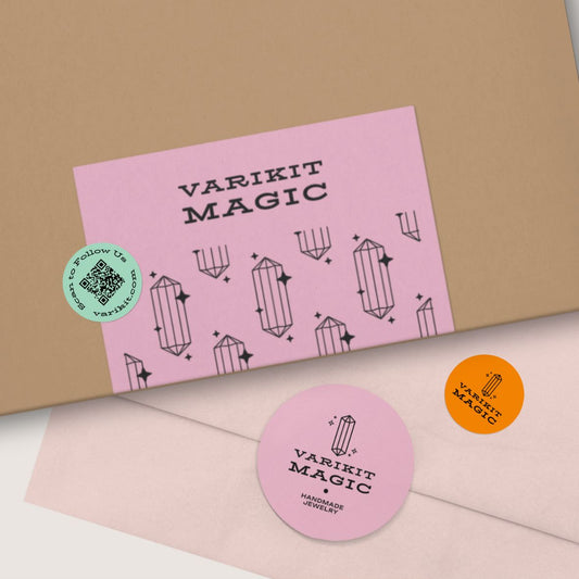 Pink, orange and green custom thermal labels featuring logos, patterns, and QR codes.