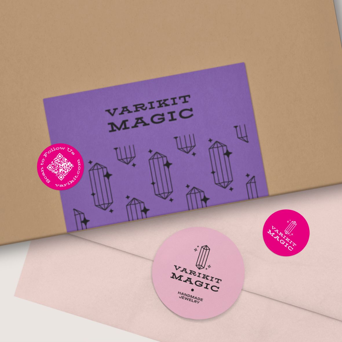 Pink and purple custom thermal labels featuring logos, patterns, and QR codes.