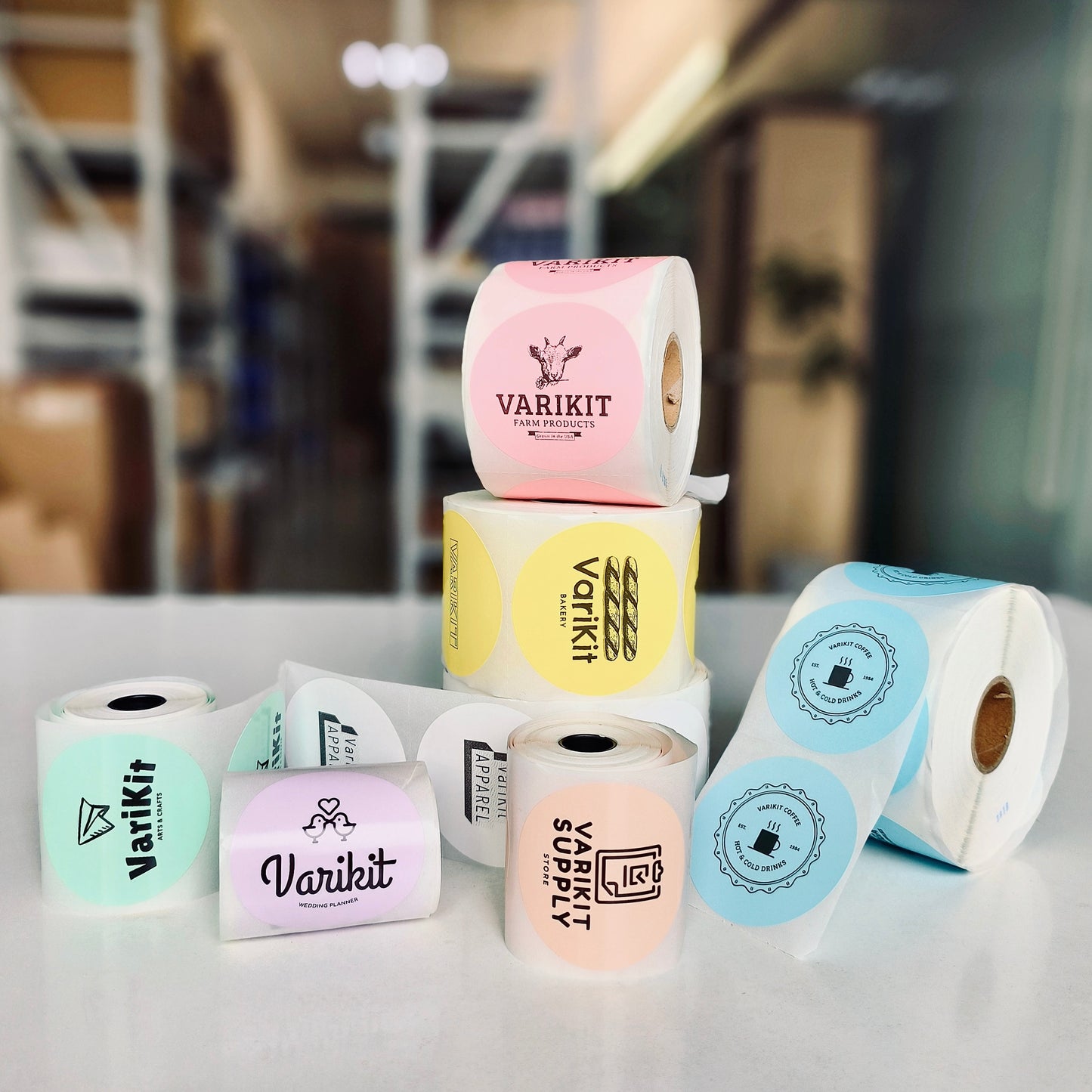 Varikit custom-printed 2-inch circle thermal labels