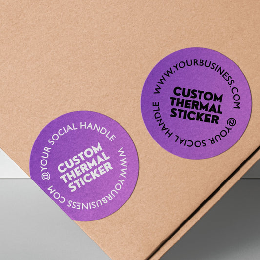 Showcase your brand in vibrant style with these striking 2-inch Plum Purple thermal transfer stickers! Choose between bold black or crisp white printing for your logo and text. Ideal for small businesses seeking beautiful, low-minimum-order custom stickers to elevate packaging, branding, or crafts.